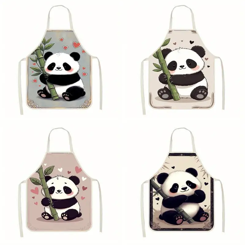 

Cute Panda-Patterned Aprons Linen Apron, Suitable For Kitchen Cooking, Parent-Child Interaction, Painting And Other Scenarios