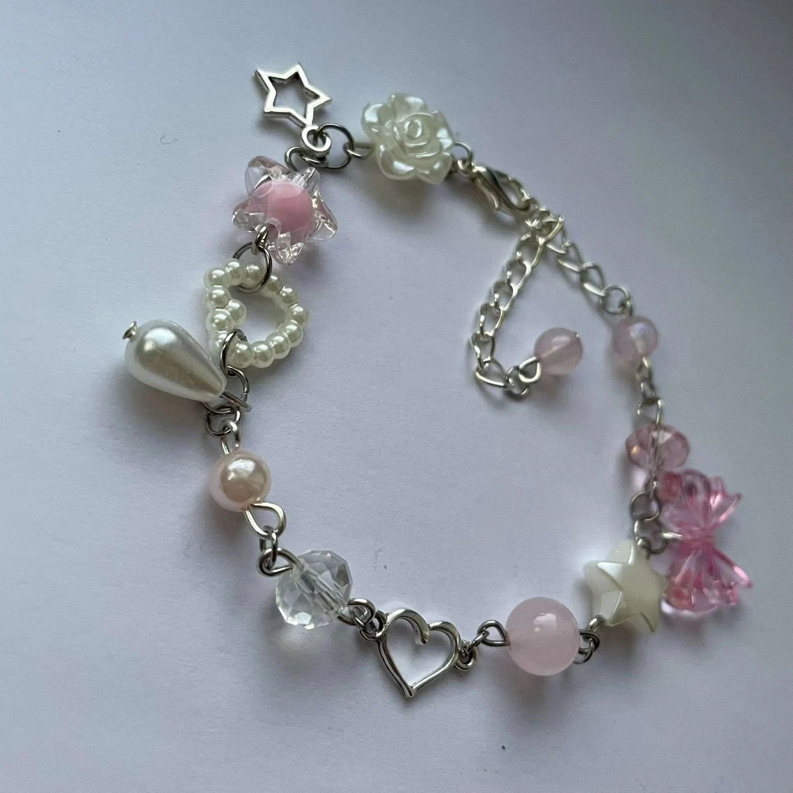 Handmade Cluttered Pink And White Pearl,Star,Crystal With Heart Charm Bead Adjustable Bracelet