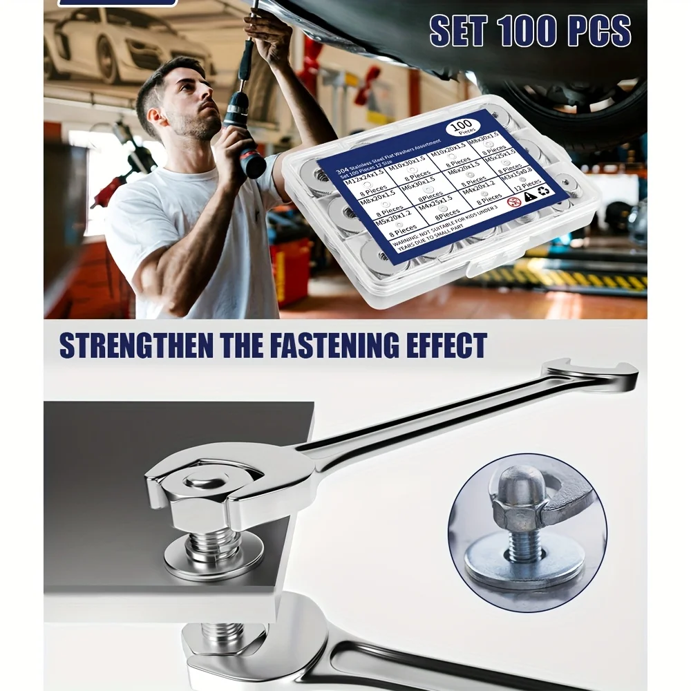 18-8(304) Stainless Steel Fender Washers, Flat Washers for Screws and Bolts, 100pcs Metal Washers Kit (12 Sizes M3-M12), Assorte image 4