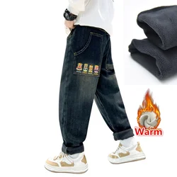 Retro Blue Child Warm Thermal cartoon Jeans For Boys Winter Insulate Desnim Pants Teenage Kids Casual Fleece Thermal Trousers