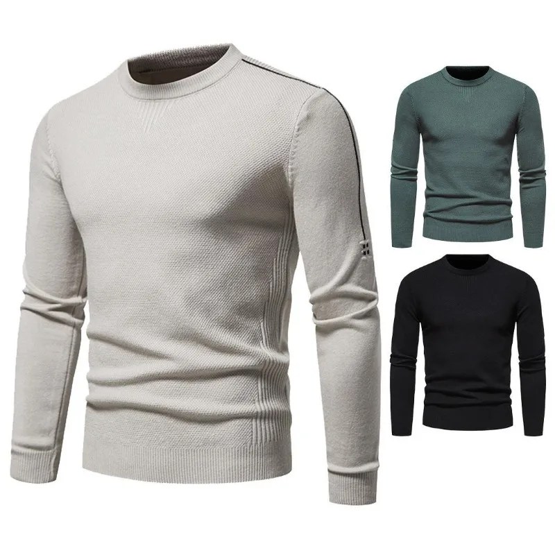 Autumn New Young Men's Knitted Sweater Solid Color Slim-fitting Crew Neck Pullover Bottoming Shirt