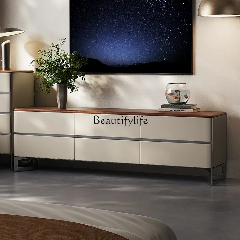 

04ld14 Italian Minimalist TV Cabinet Light Luxury High-end Sense Simple High-end Leather Floor-standing Solid Wood