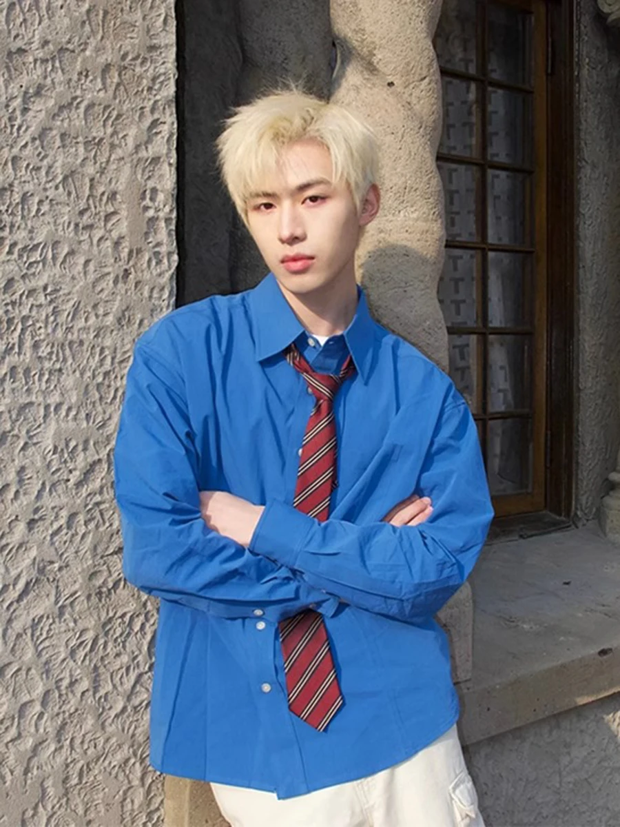 

Klein Blue Long Sve irt for Men Spring Autumn Japanese Sle Retro Youth Feel CleanFit Jaet Loose Fit No Ironing Required