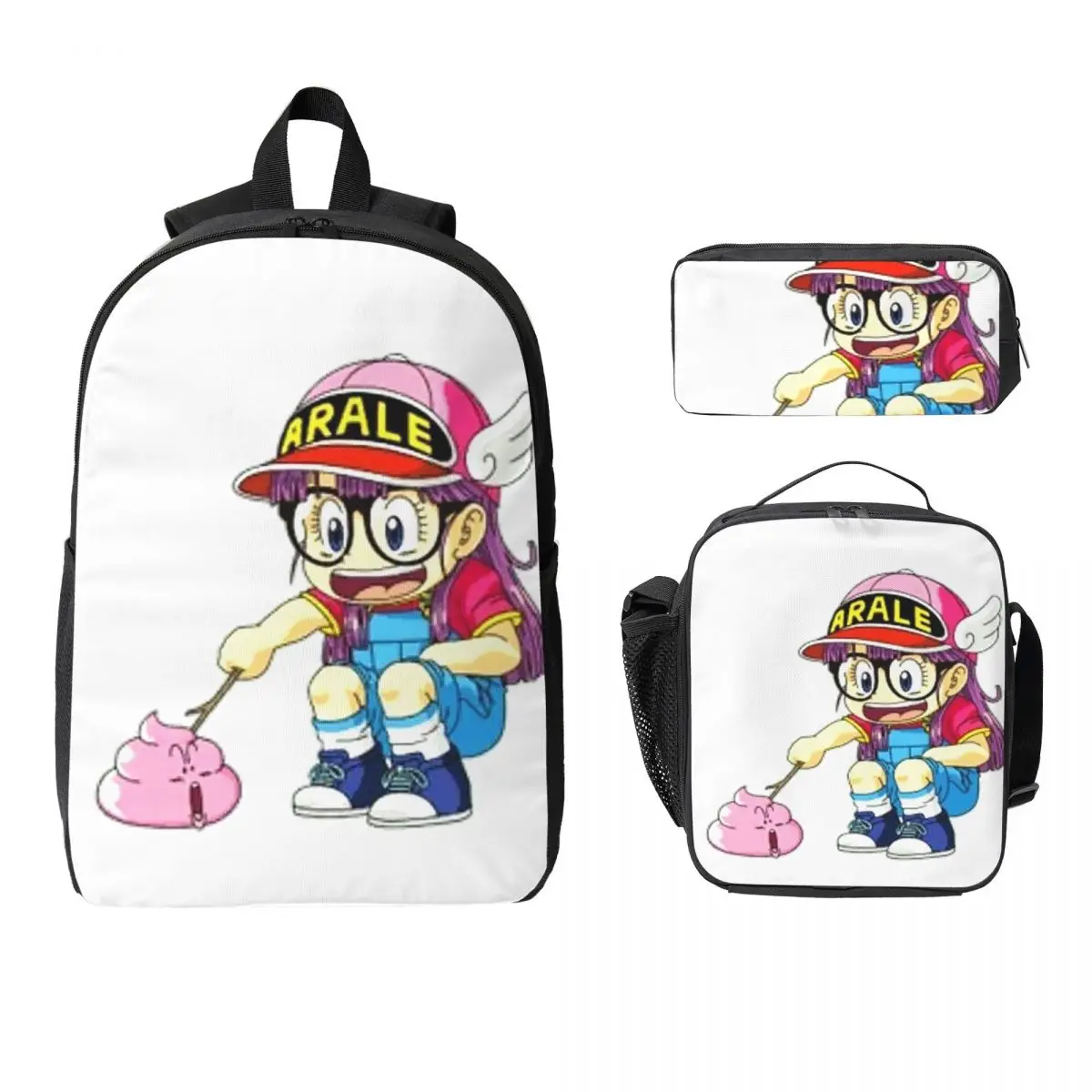 

Рюкзак Arale Dr.Slump, студенческая сумка для книг для мальчиков и девочек, школьная сумка, компьютерные сумки на плечо, изолированная сумка для обеда 3 шт., пенал