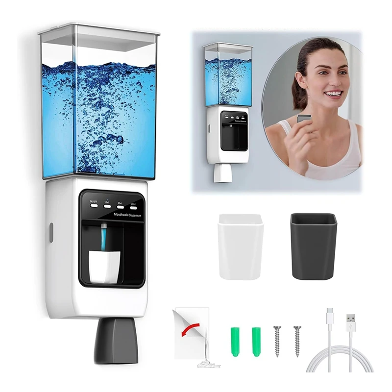 Automatic Mouthwash Dispenser For Bathroom,Dispenser With Cups Can Hold 650Ml, 10/20/30Ml Electric Mouthwash Dispenser