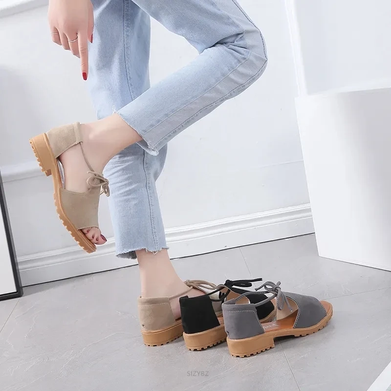 Peep Toe Square heel sandals women 2019 new summer shoes women Roman Simple Student flat Suede Riband Open toe Block Heel shoes