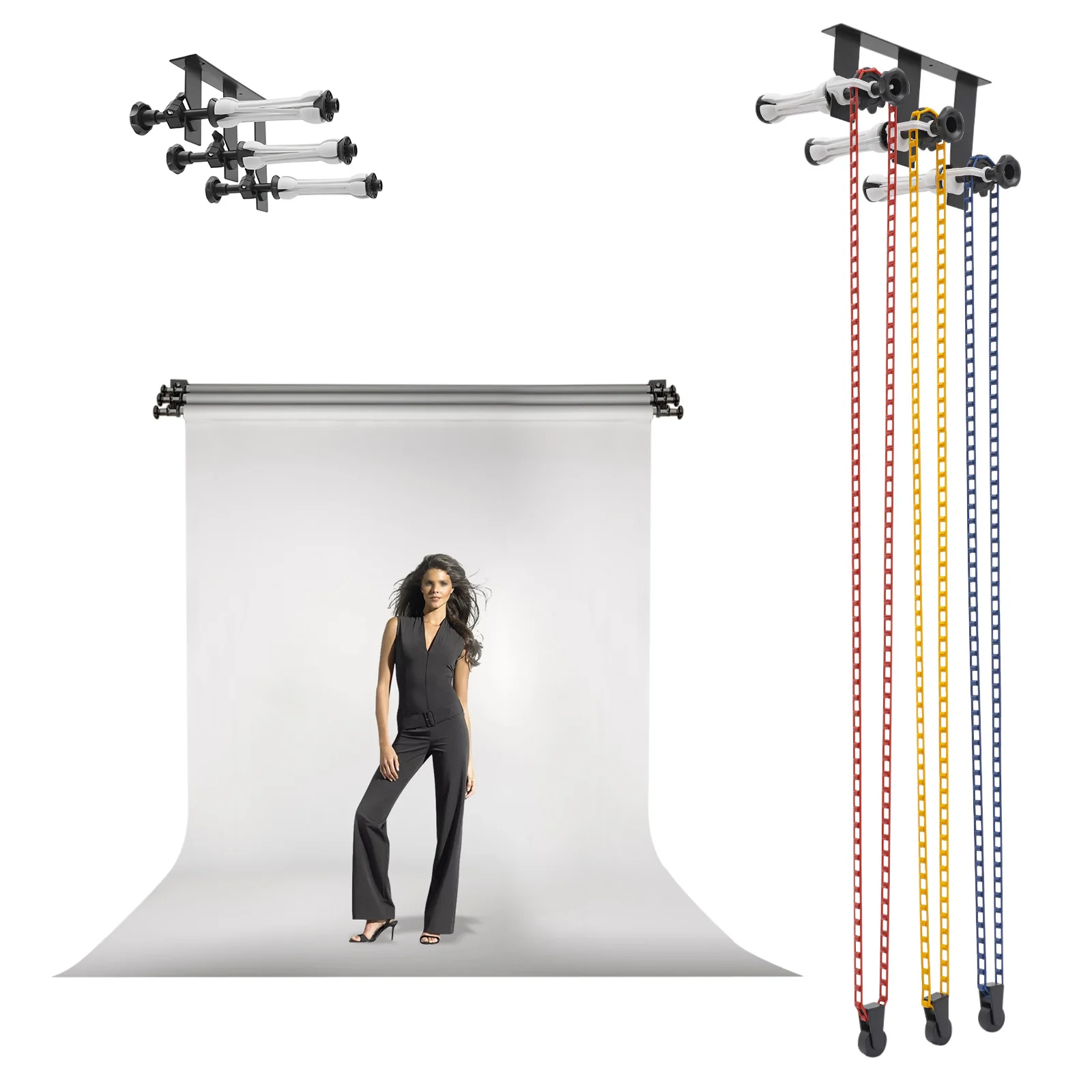 

3 Roller Wall Mounting Photography Manual Background Support System Backdrop Elevation Device With 6 Expand bars 3 Chains