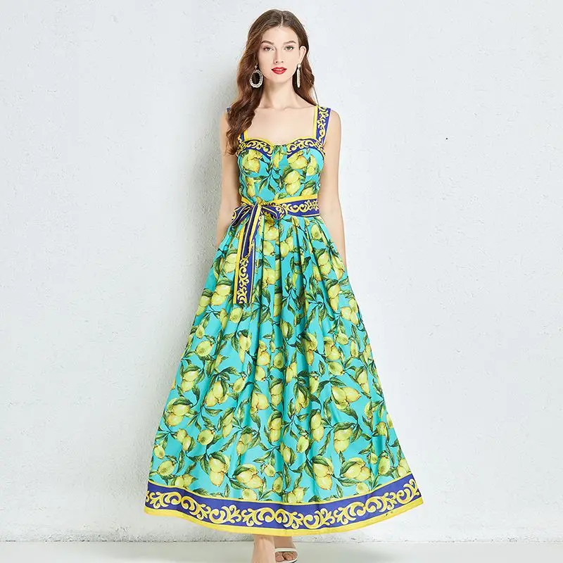 Women\'s Runway Sleeveless Maxi Dress Summer Bohemia Lemon Print Belted Elegant Vacation Long Spaghetti Strap Tank Dress