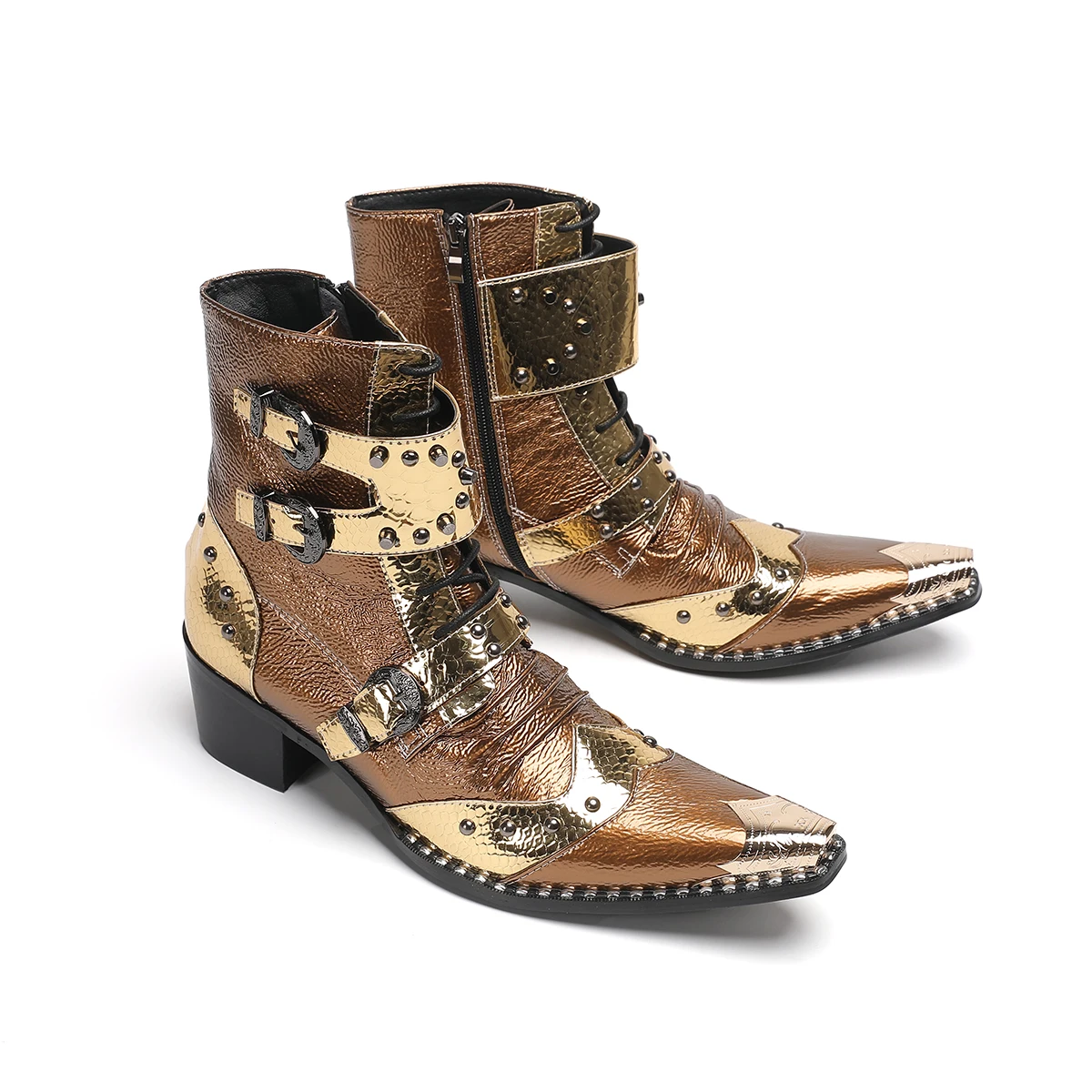 Gold Rivets Pointed Toe Genuine Leather Men Ankle Boots Plus Size Buckle Strap Lace Up Motorcycle Cowboy Short Boots Party Shoes