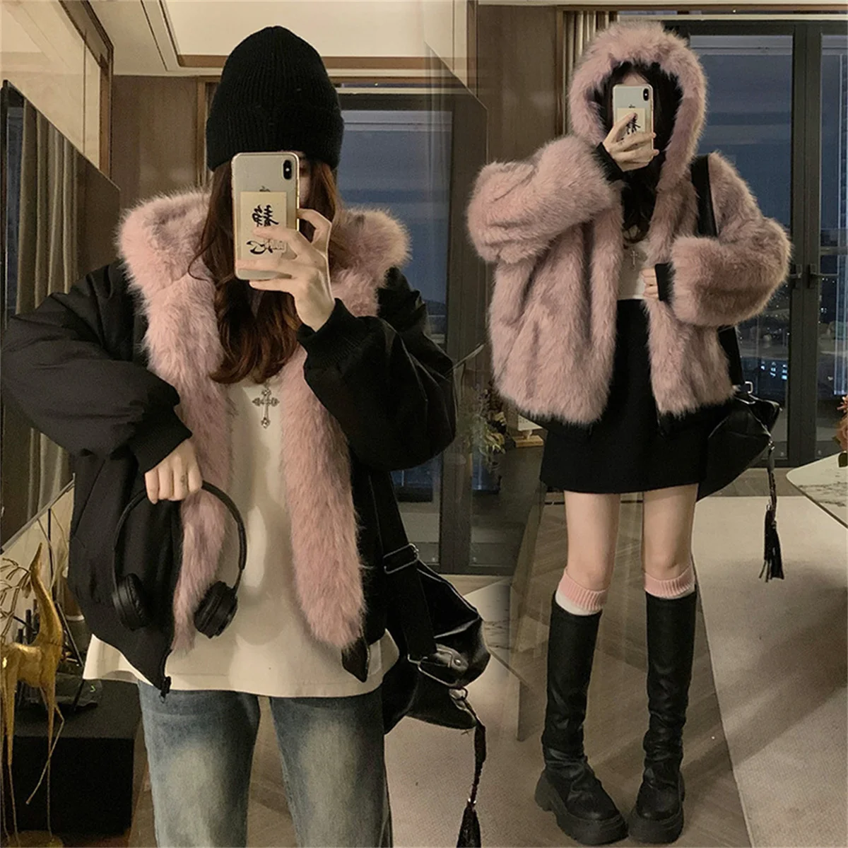 

Retro Double Sided Winter Coat Women Elegant Fur Collar Hooded Jacket Female Loose Warm Thick Cotton-padded Clothes Outerwear