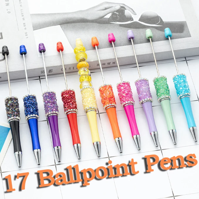 17Pcs Multi Color Crystal Crushed Beaded Pen DIY Ballpoint Pens Bright Diamond Beaded Gift Pen School Office Supplies