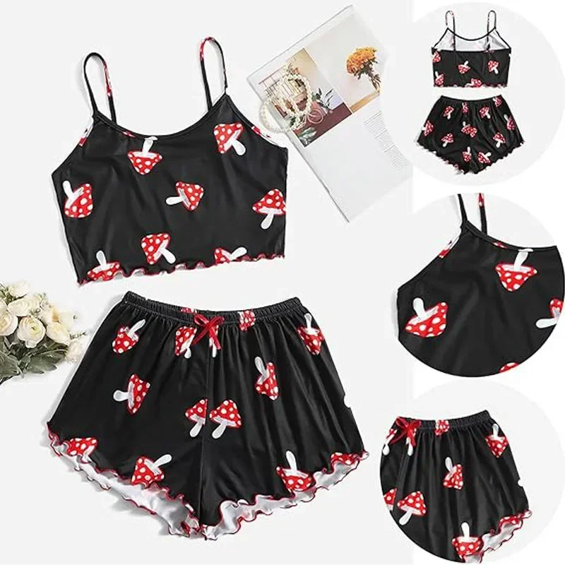 Mushroom Lettuce Women Pajama Set Sleeveless O Neck Crop Top & Elastic Waist Shorts 2 Pieces Female Sleepwear Summer Nightwear