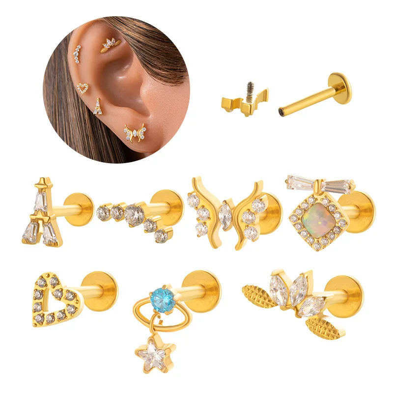 1PC G23 Titanium Internally Threaded Hidden Helix Chain Earring 16G Dainty Star CZ Dangle Cartilage Tragus Stud Piercing Jewelry