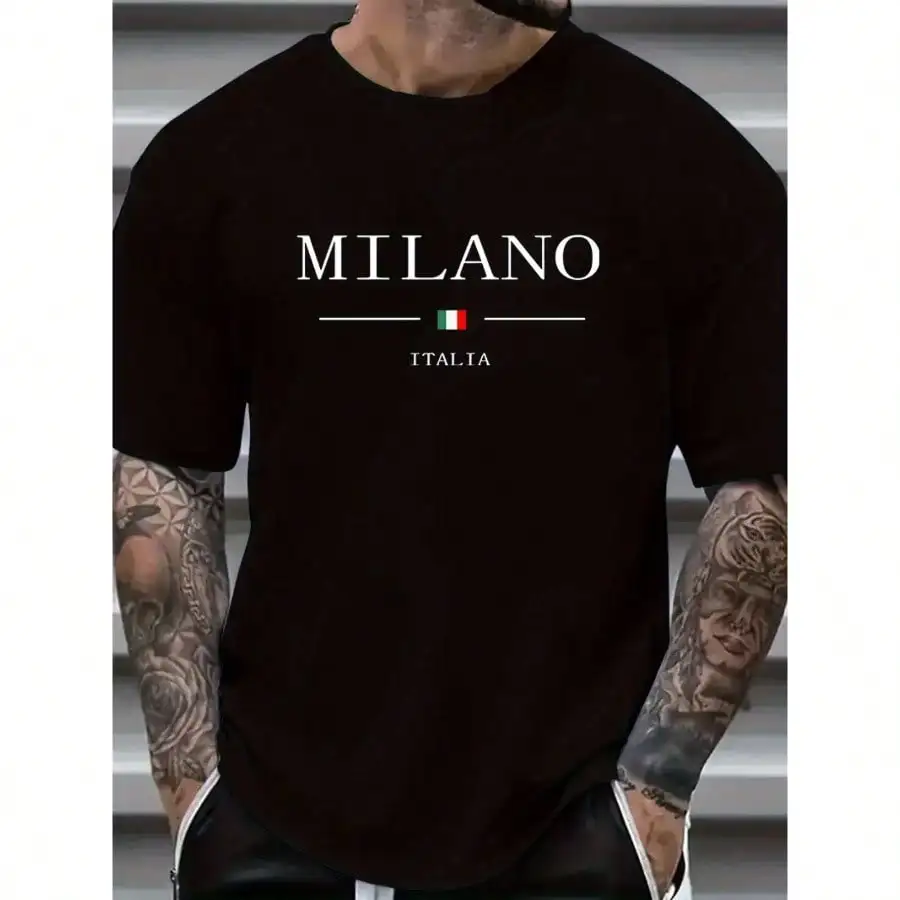 

Plus Size "MILANO" Print Crew Neck T-Shirt For Summer, Men's Soft Short Sleeve Top, Stylish Comfy Tee For Casual Wear