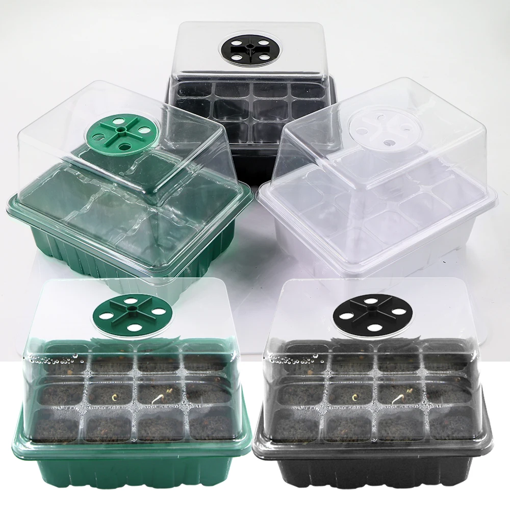 3-styles 12 Cells Seedling Trays Plant Seed Starting Pots Seedling Trays with Transparent Cover Germinating Adjustable Humidity