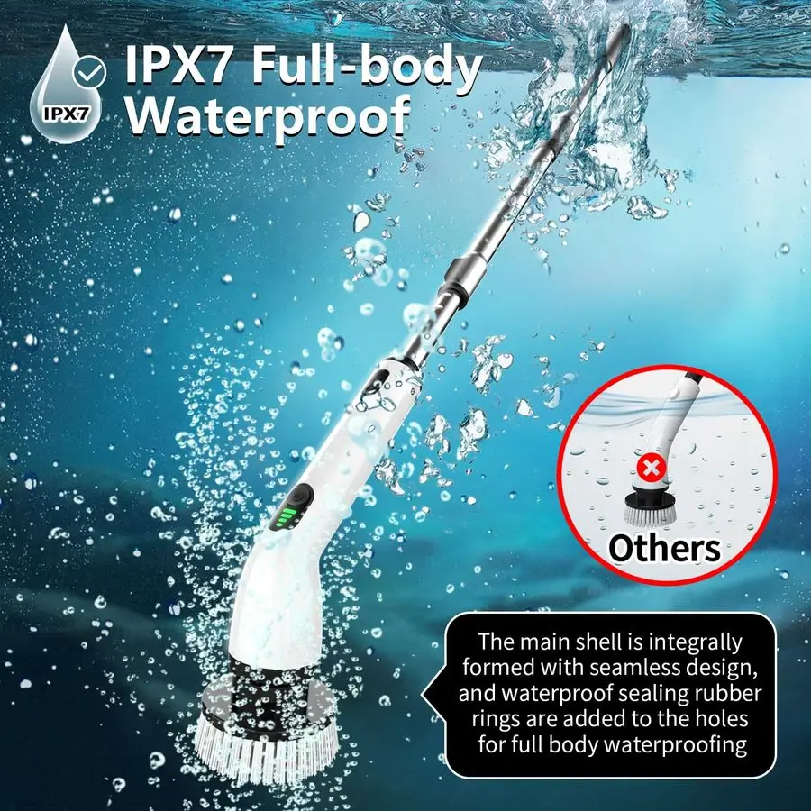 Lavapavimenti elettrico per rotazione, lavapavimenti per bagno impermeabile FullBody IPX7, 4 testine di ricambio per maniglia di estensione regolabile C elettrico