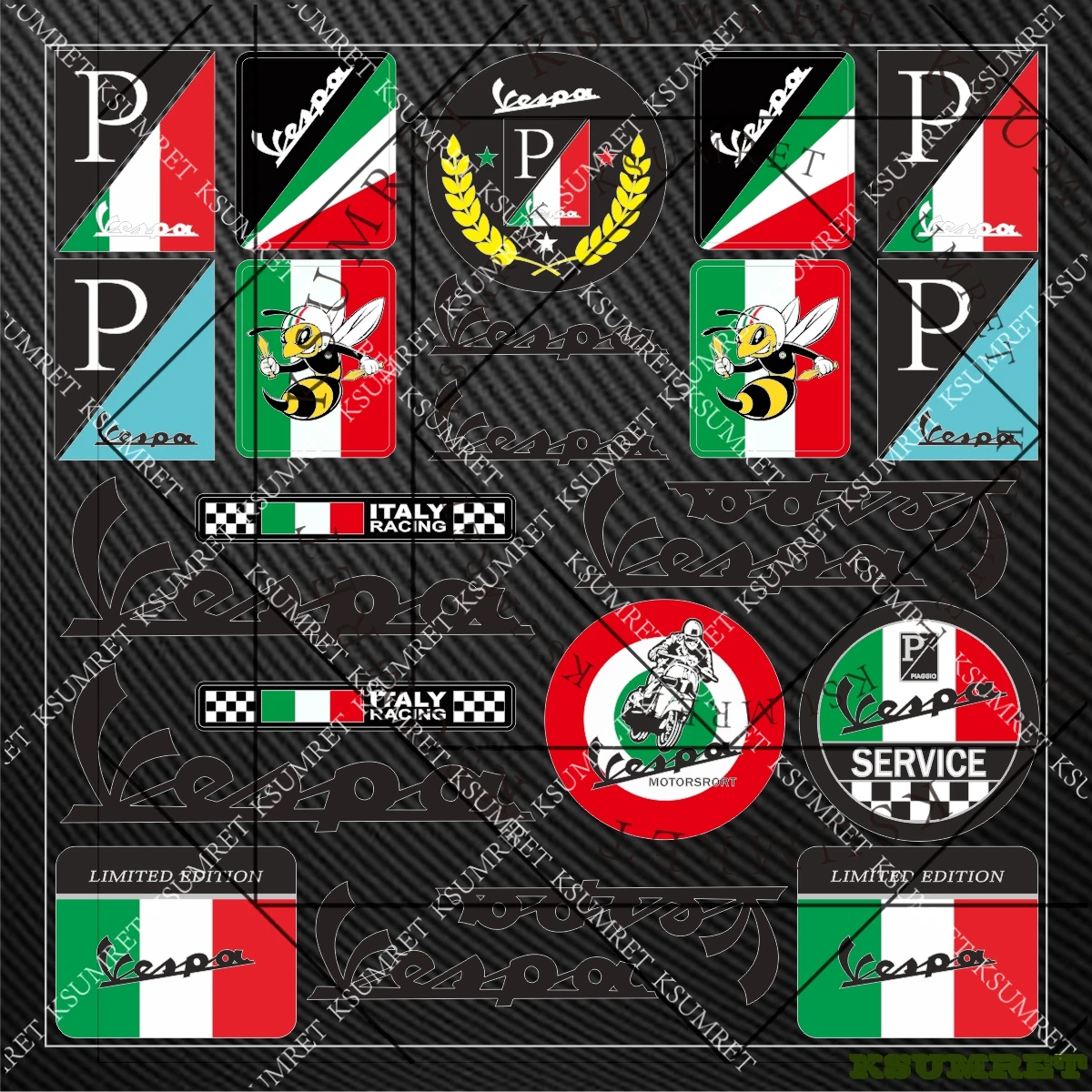 

Набор наклеек для мотоциклов Vespa: на бак, шлем, с логотипами