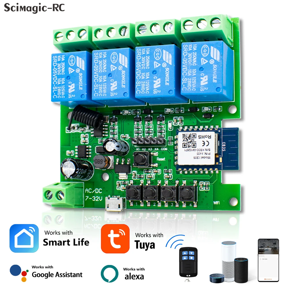 4-канальный модуль переключателя света Tuya Smart Wi-Fi, 4 канала постоянного тока 12 В 24 В 32 В 110 В 220 В, реле Alexa Google Home Alice RF433 приемник