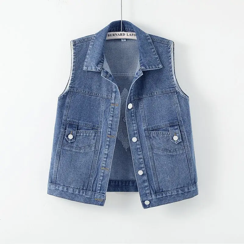 

2024 spring Autumn New Women big Pocket Jean Vest embroidery sleeveless jacket Loose Vintage Denim Waistcoat female Outwear T180