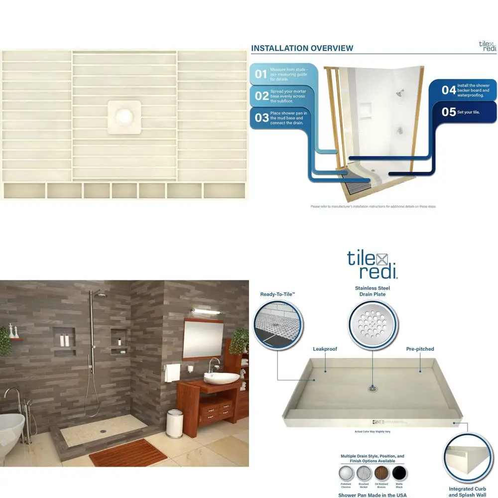 

Tile Redi P3660CDL-PVC Shower Pan with Center Drain- Double Curb Shower Base, 2" PVC Drain, and Plate Included, 60" Width x 36"