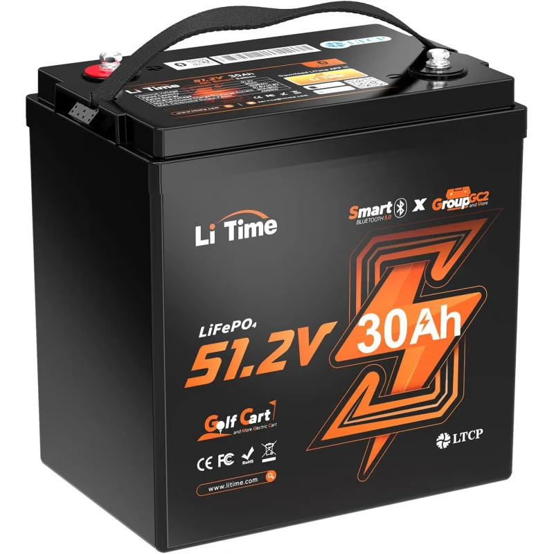 AQLiTime 51.2V(48V) 30Ah Lithium Golf Cart Battery GC2 Size with 80A Smart BMS,Bluetooth; Low-Temp Protection,Support up to 3kW