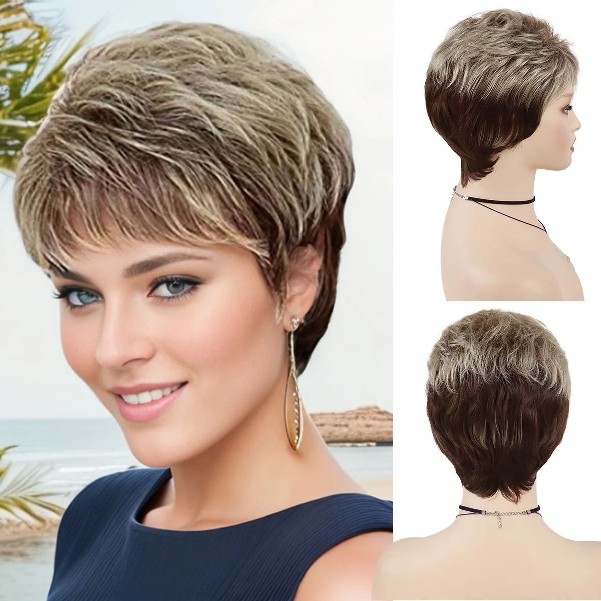 

GNIMEGIL Synthetic Hair Mixed Blonde Wig with Bangs Short Wigs for White Women Pixie Cut Female Brown Roots Straight Hair Wig