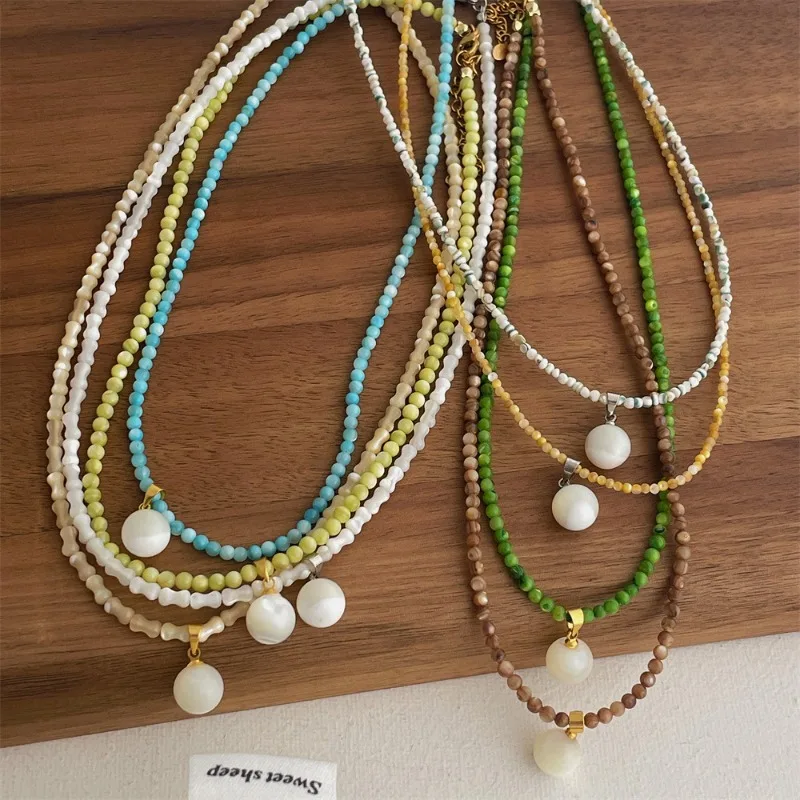 Minar Trendy Multicolor Natural Stone Shell Bamboo Joint Round Beads Beaded Necklace for Women Real Gold Silver Plated Chain