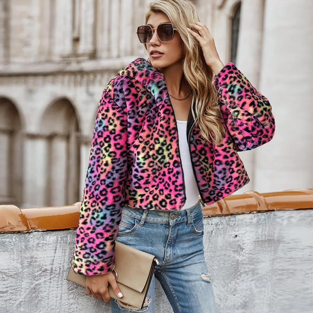 Damskie zimowe topy płaszcz sztuczne futro kaptur gorset panterka vintage wygodny casualowy design modny miękki niszowy uniwersalny obcisły