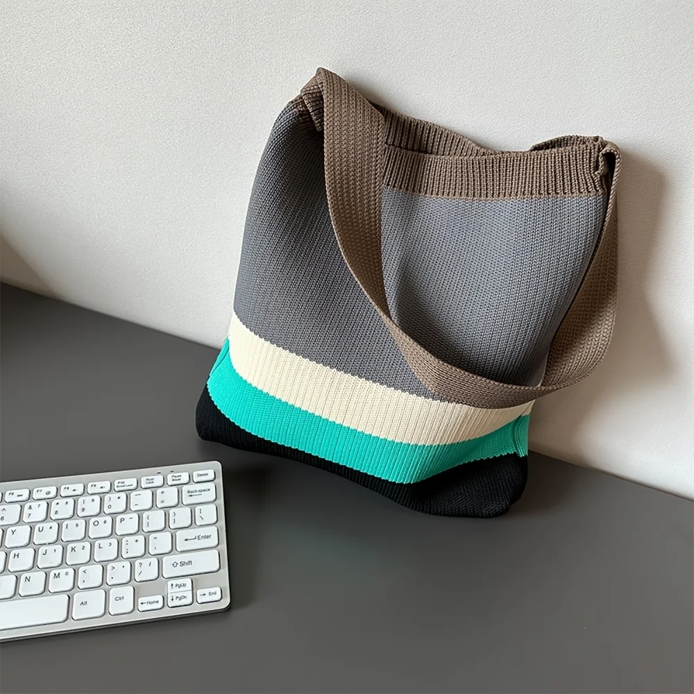 Neue Regenbogenfarbene Stricktasche im koreanischen Stil, einfache und vielseitige gestreifte Handtasche, Schultertasche, große Kapazität, Damentasche – Detail 9