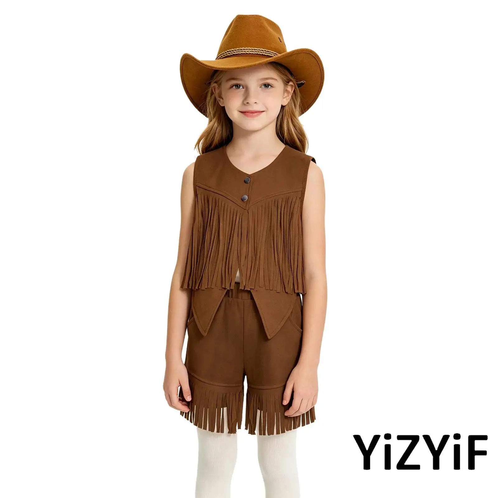 Kids Western Cowgirl Cowboy Cosplay Outfits Set Unisex Sleeveless Fringe Vest and Shorts with Hat Suit for Carnival Halloween