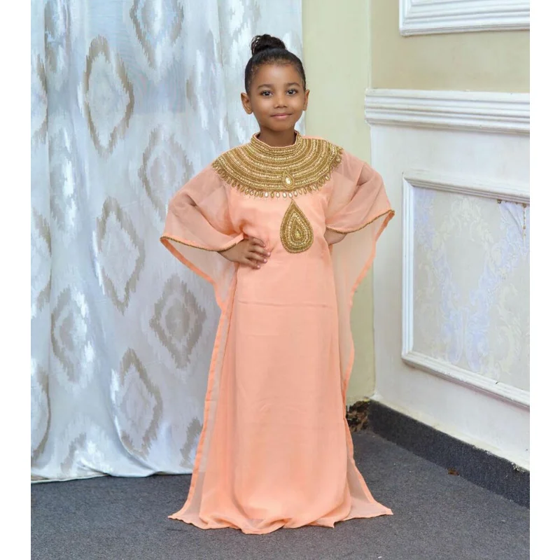 Pink Girls' Dress Children's Abaya Moroccan Long Shirt Dubai European and American Fashion Trend