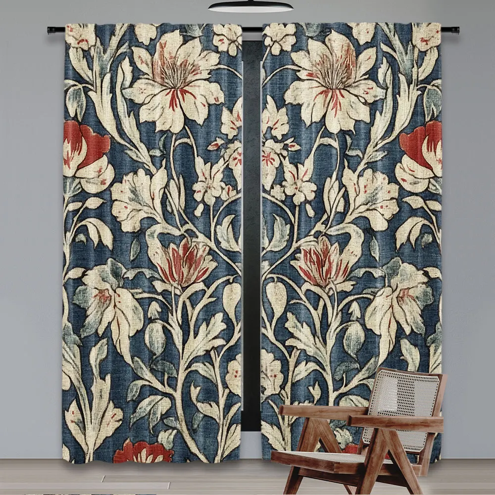 2Pcs Vintage Curtains Symmetrical Flower Pattern Curtains Suitable For Living Room Dining Room Kitchen Bedroom Bathroom Study