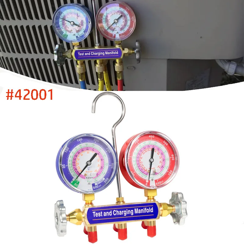 

2-Valve Charging Manifold and Test #42001, A/C Manifold Gauge, with 3-1/8” Large Gauges, fits R-22 R-404A R-410A Refrigerant