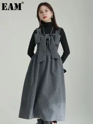 [EAM] Women Gray Bow Bandage Spliced Long Elegant Woolen Dress New Sleeveless Loose Fit Fashion Tide Autumn Winter 2024 1DF3527