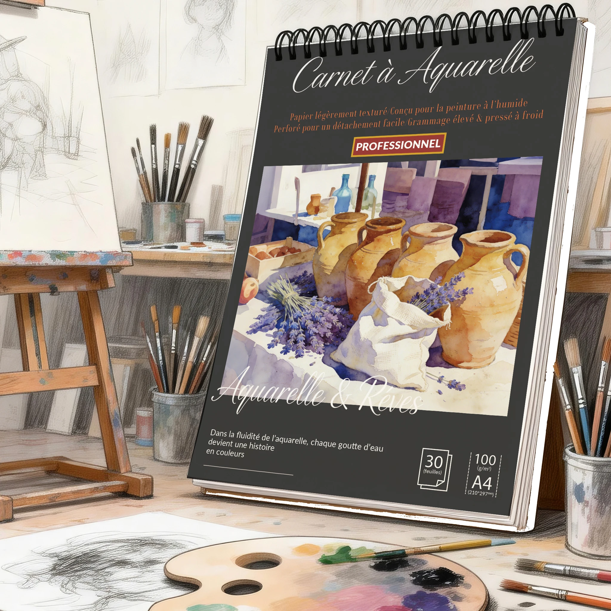 Spiral Bound Art Sketch Book A4, Black Hardcover Lavender & Terracotta Jars Print, 100 GSM Acid-Free Pad – For Artists, Students