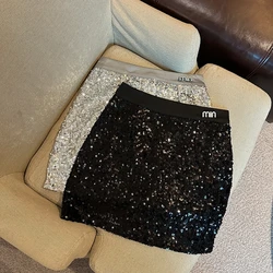 2024 Sexy Spice Girl Black Sequin Skirt Women Summer New Spice Girl High Waist Stitching Slim-Fit Elegant Commuting Hip Culotte
