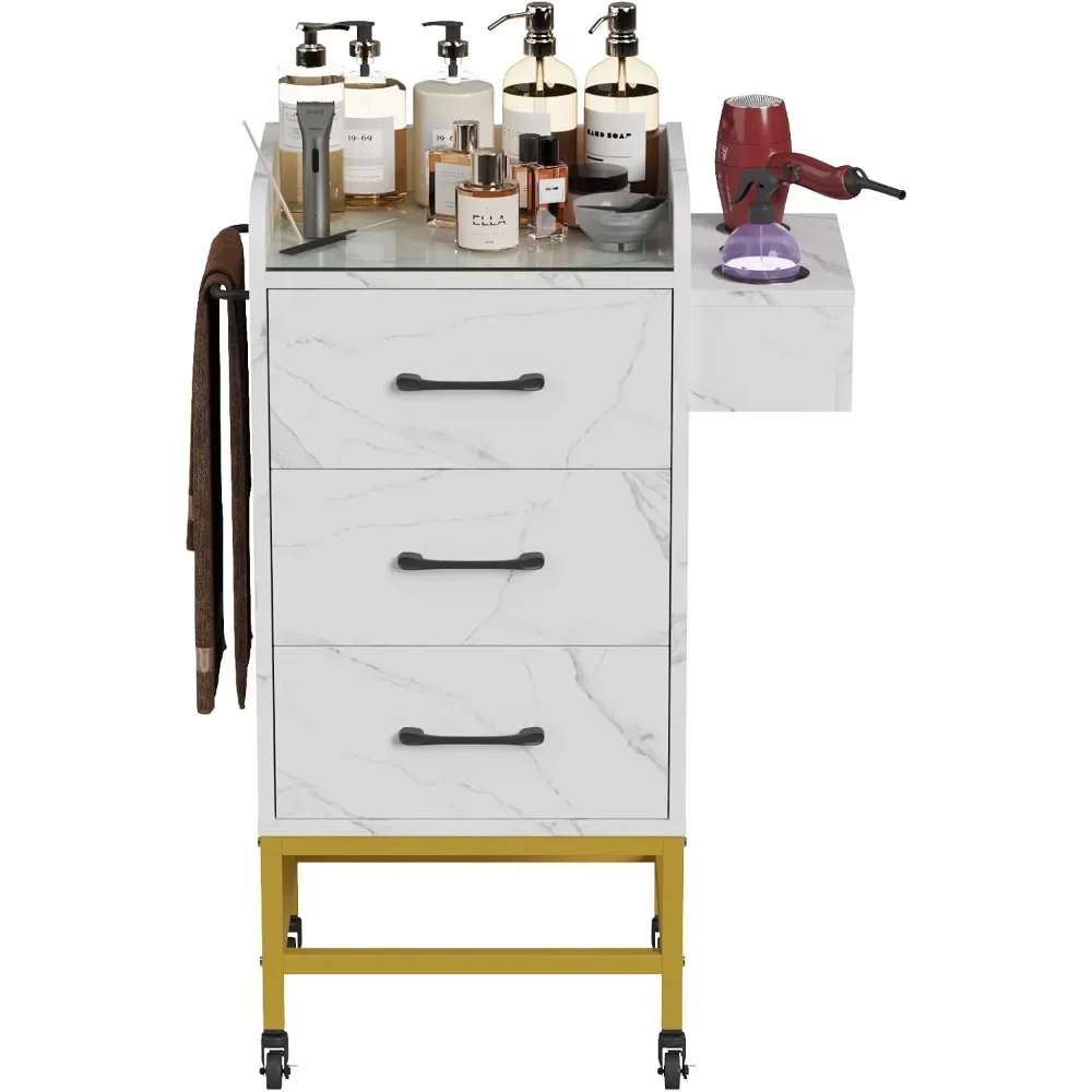 

Salon Storage Trolley Cart, Rolling Barber Station w/Toughened Glass Top, Drawers, Hair Dryer Holders, Towel Rack