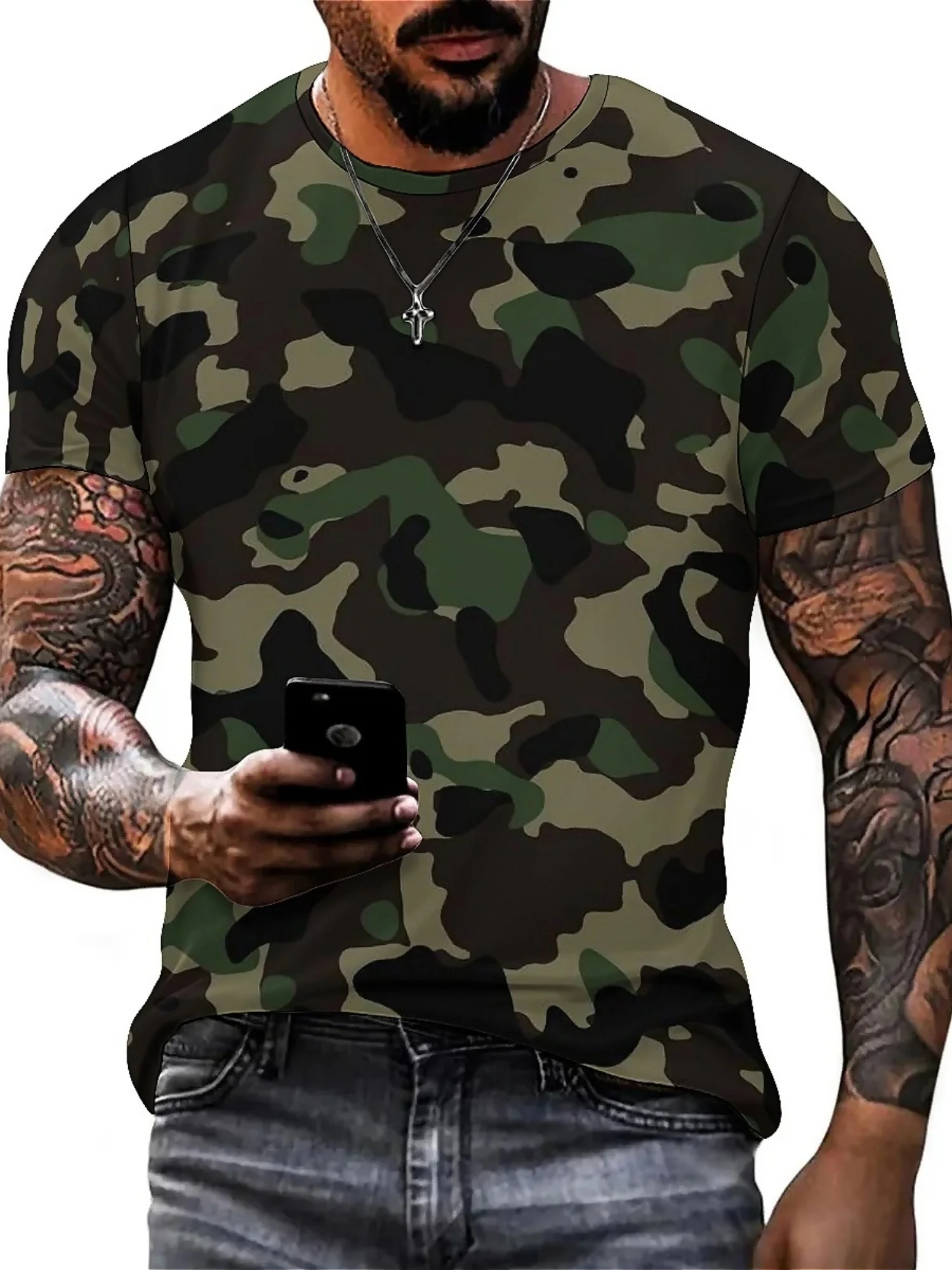 남성용 카모 3D 프린트 반소매 티셔츠 - 통기성, 신축성 있는 원단, 라운드 넥, 흑백 기하학 패턴