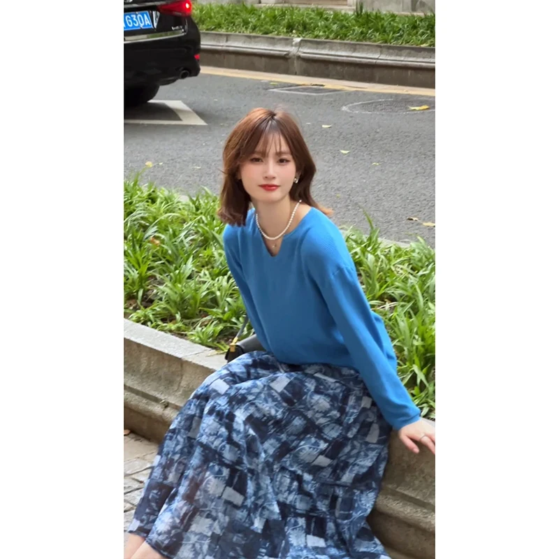 Conjunto de prendas de punto holgadas adelgazantes para mujer, traje largo de dos piezas con falda con sentido del diseño, redondo, Ne, informal, de invierno