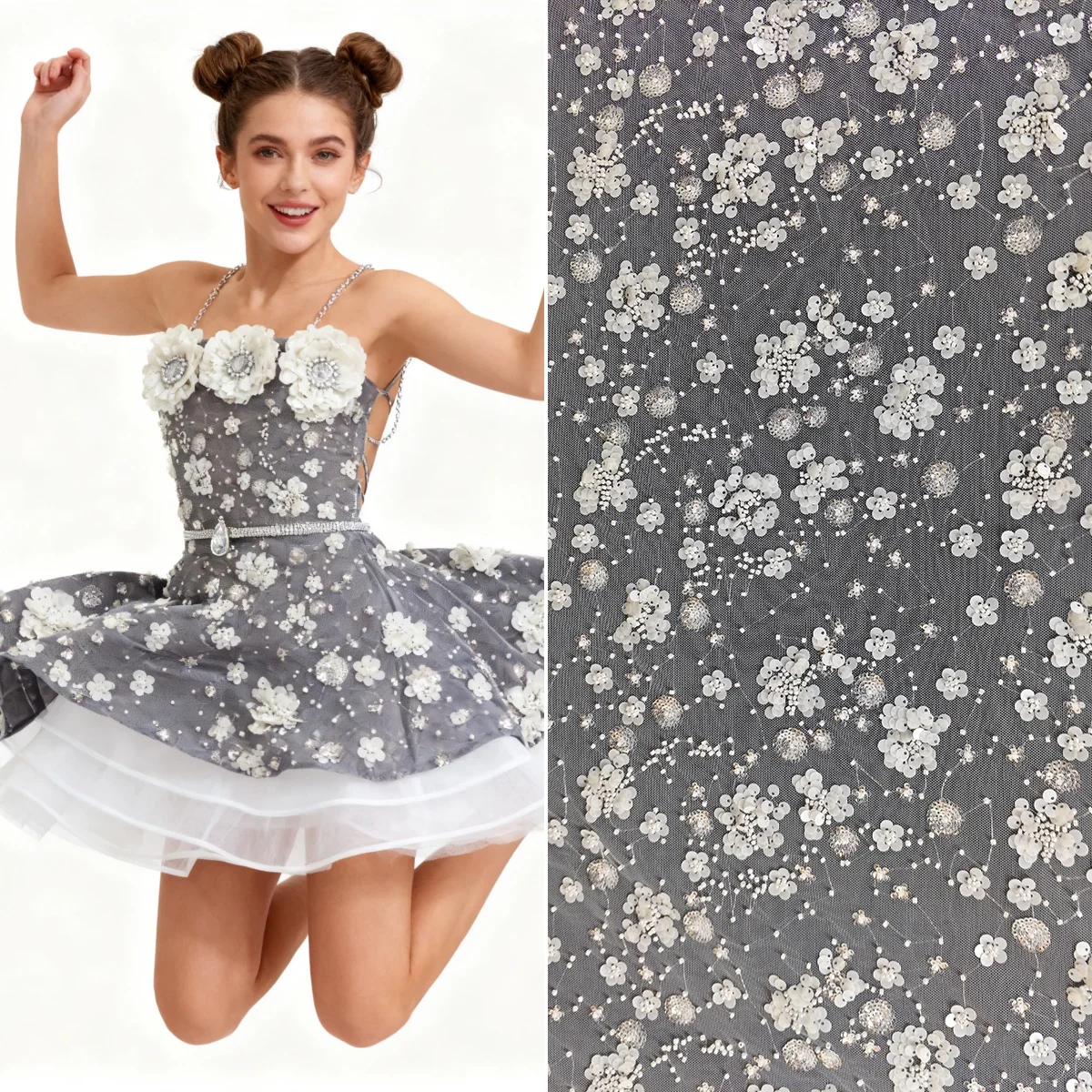 

New exquisite bead tube embroidery sequin flower lace embroidery fabric sewing wedding dress stage clothing transparent mesh