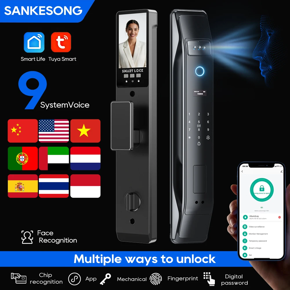 SANKESONG Tuya 스마트 3D 얼굴 도어 잠금 보안 카메라 모니터 지능형 지문 암호 생체 인식 전자 키 잠금 해제