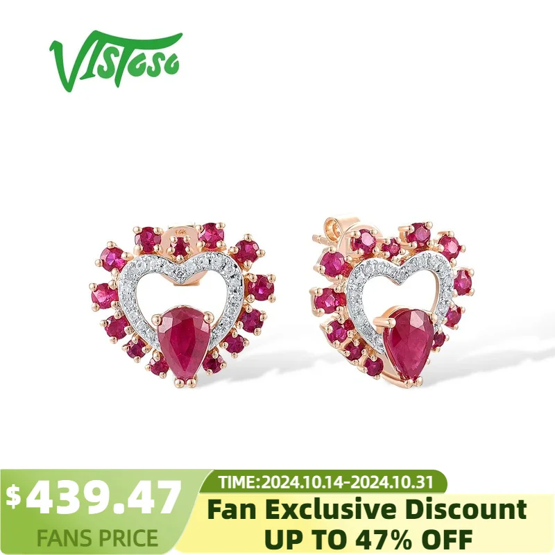 

VISTOSO Authentic 14K 585 Rose Gold Stud Earrings For Women Sparkling Natural Diamonds Ruby Heart Shaped Cute Fine Jewelry