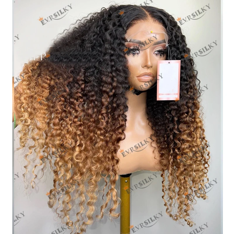 

Peruvian 200Density Full Lace Human Hair Wigs for Women Pre Plucked Ombre Kinky Curly Blonde 5x5 Lace Closure Wigs Remy