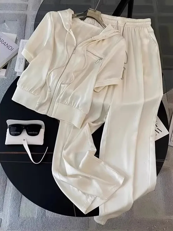 

plus Size 300 Pou Women's Sportswear Set Zipper Wide Leg Pants Casual High Waist Long Trousers Two Piece Set Summer Outfit