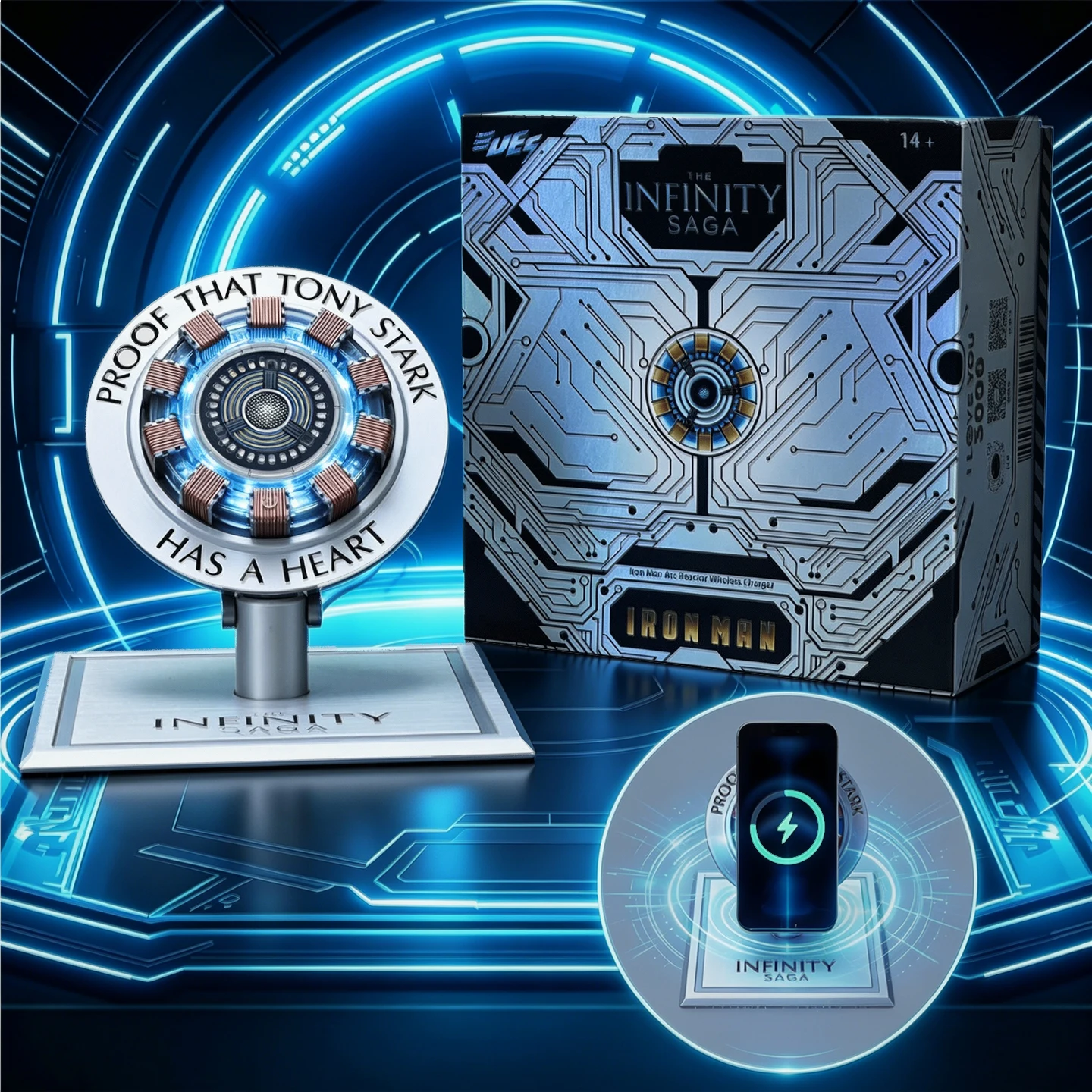 

NIKOLATOY Wireless Magnetic Charger Liftable Alloy Base Light-Up Iron Man Reactor Figurine Cool Tech Gift for Desktop Collectors