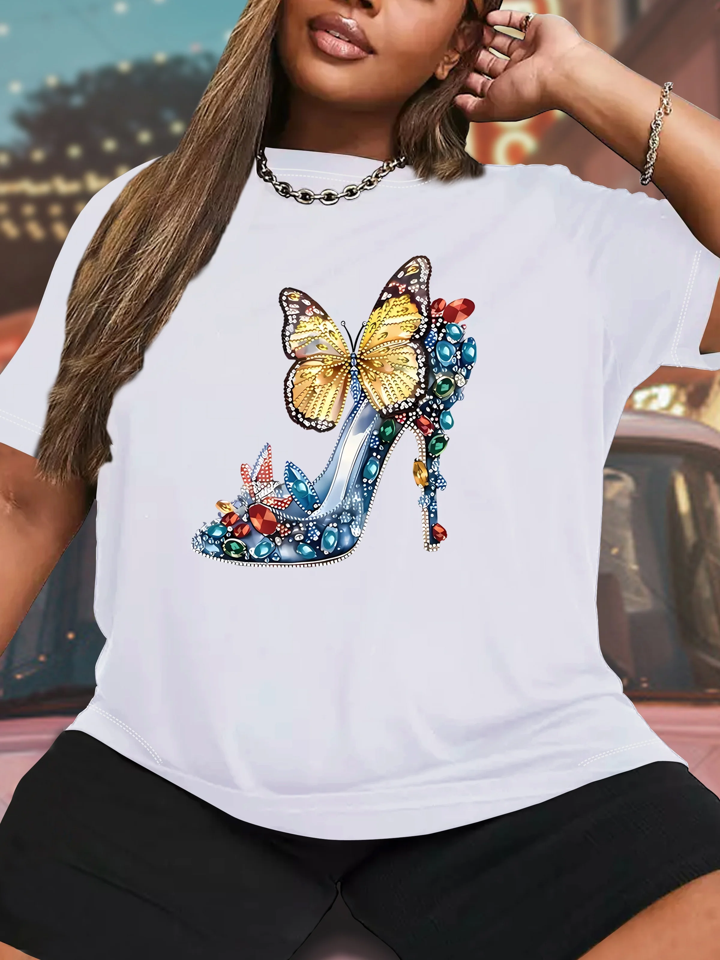 

Женская модная футболка с коротким рукавом, топ на высоком каблуке с драгоценными камнями и принтом бабочки, летние уличные футболки с рукавами в стиле Харадзюку