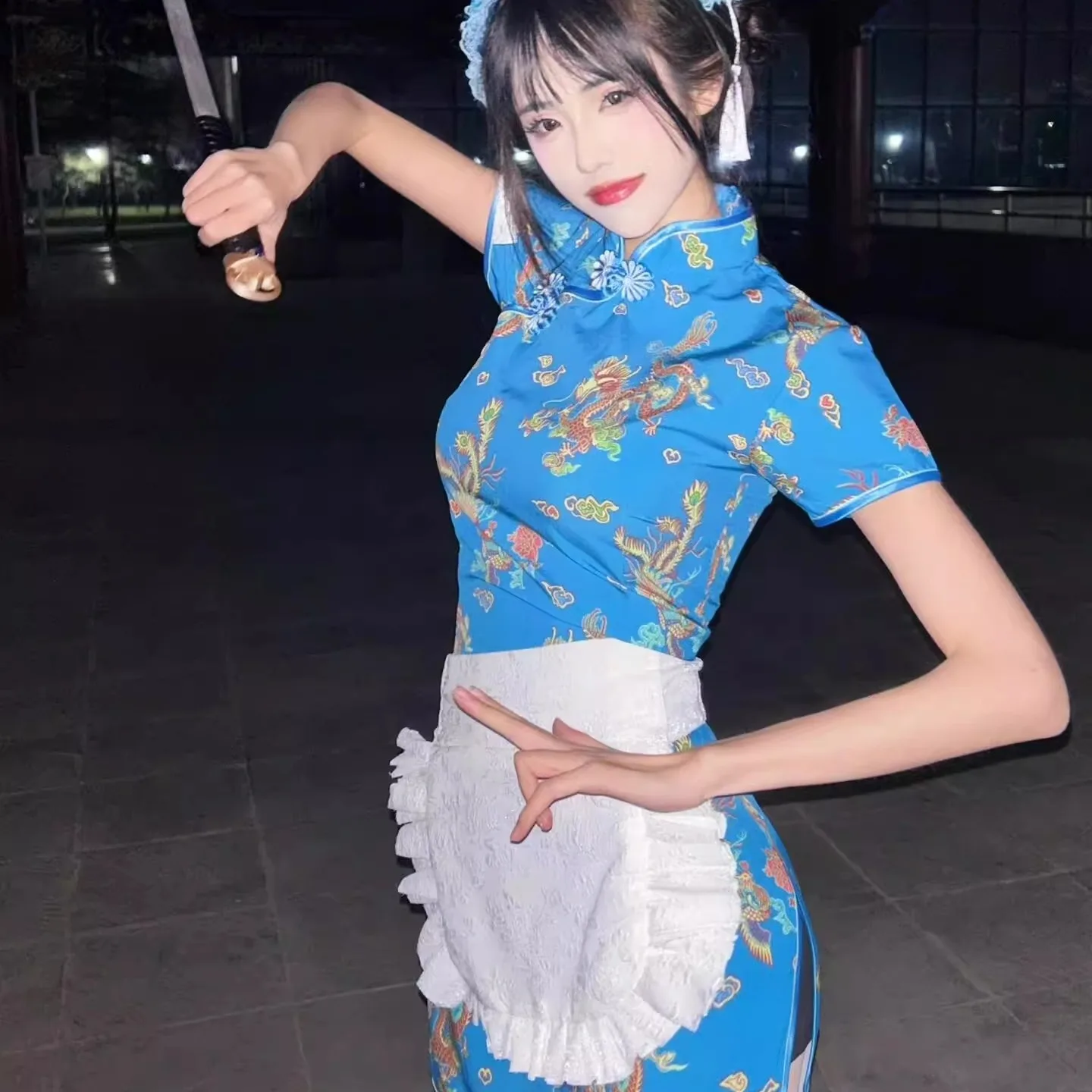 فستان تشيونغسام جديد بالطراز الصيني، زي تنكري للهالوين وعيد الميلاد، زي خادمات بأكمام قصيرة، تشيونغسام قصير للارتداء اليومي