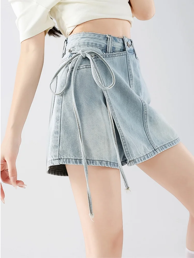 

SMTHMA 2026 Новые летние женские ковбойские шорты-двойка в корейском стиле с завышенной талией, на бретельках, асимметричные, А-силуэт, в стиле «Spicy Girl»