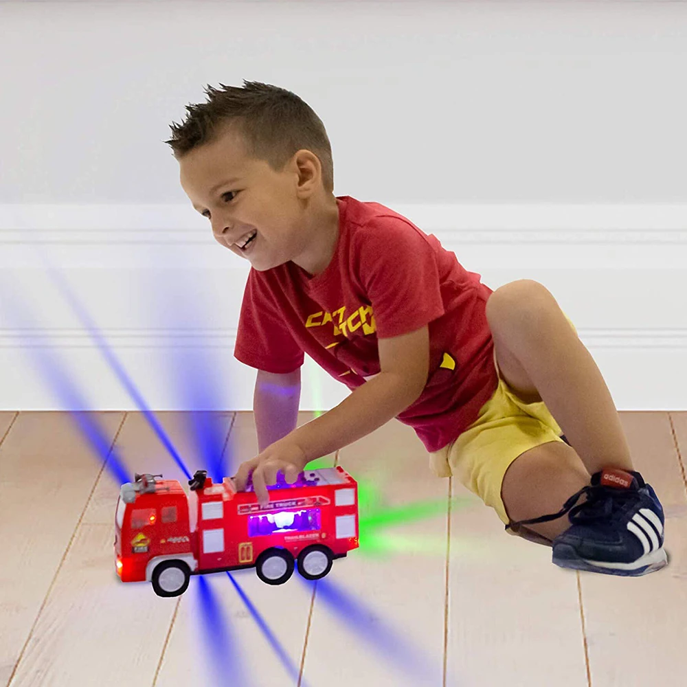 Electric Fire Truck Kids Toy With Bright Flashing 4D Lights & Real Siren Sounds Bump And Go Firetruck Fire Engine Toy For Boys