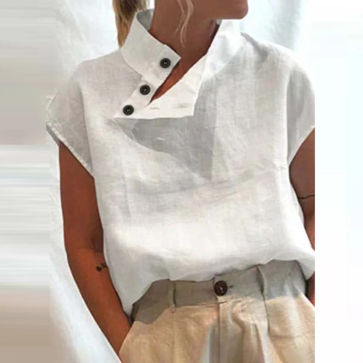 Yeezzi Women\'s Solid Color Cotton Linen Tops Tees 2025 New Summer Cap Sleeve Stand Collar Fashion Buttoned Casual Daily T-shirts